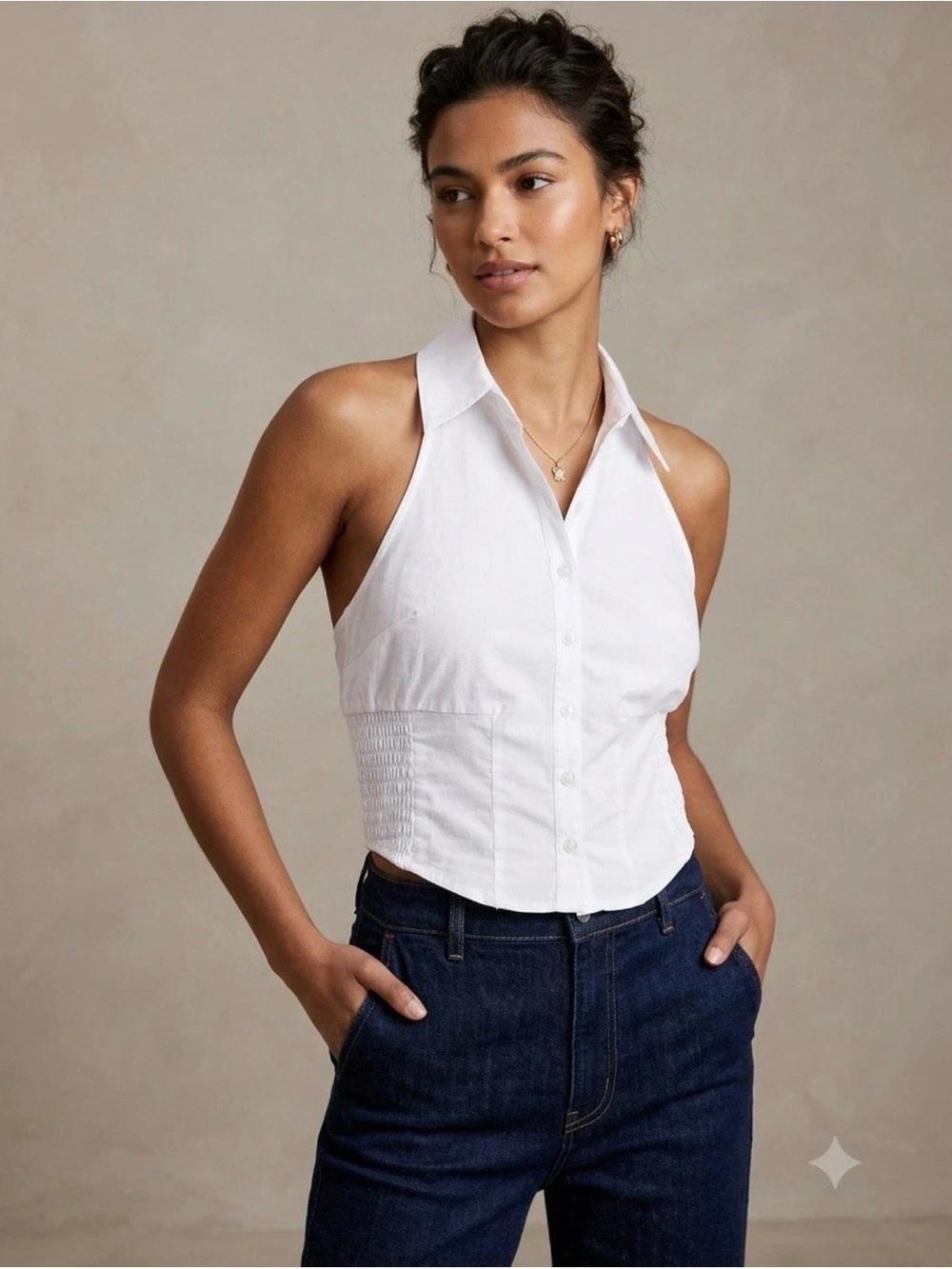 Moa Moa White Cropped Blouse Top Women's Size S Small Cotton Smocked